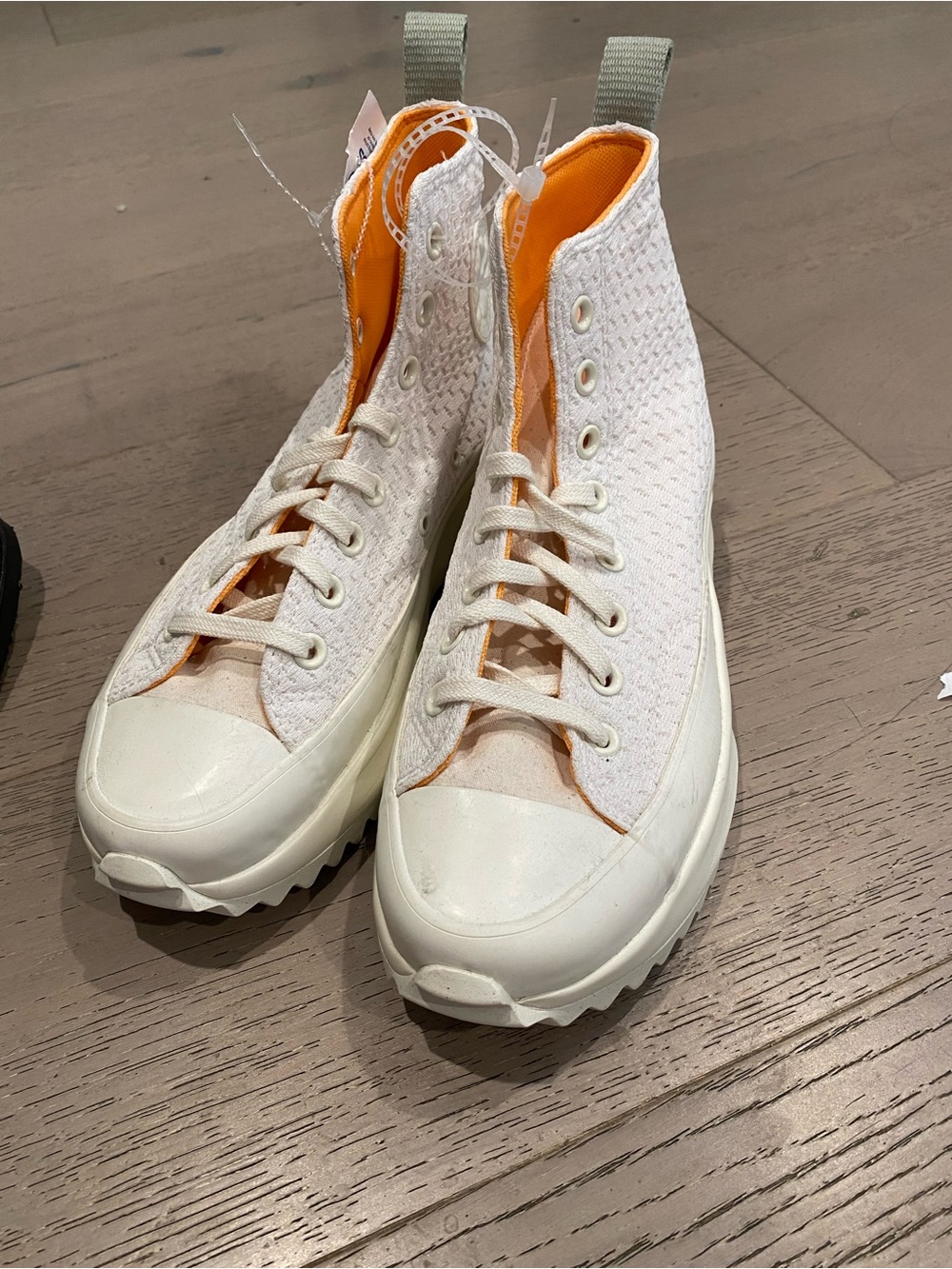 White Women's High-Top Knit Sneakers with Orange Lining - Picture 1 of 6
